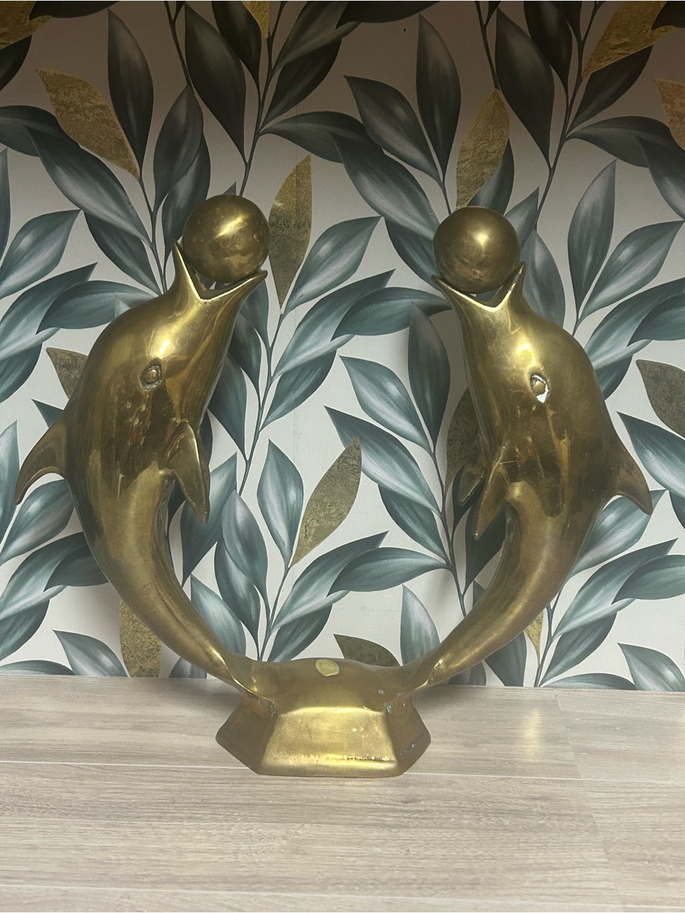 Vintage Brass Balancing Balls Dolphin Pair Sculpture